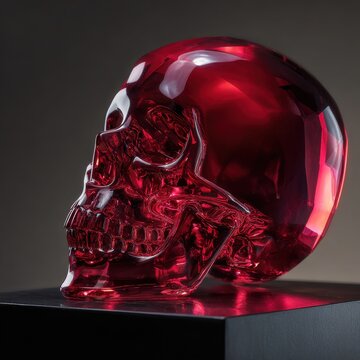 Red translucent half-human skull sculpture on a dark pedestal with moody studio lighting