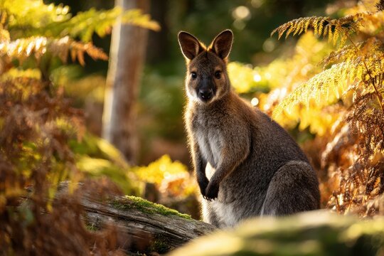 Red-necked wallaby foraging among bracken ferns in Narawntapu National Park, Tasmania