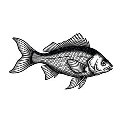 Detailed black and white illustration of a fish with scales and fins swimming © premiumsvgdesign