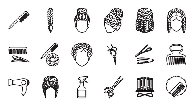 Hair styling icons, 20 black line illustrations, haircare tools and hairstyles, beauty and salon vector graphics
