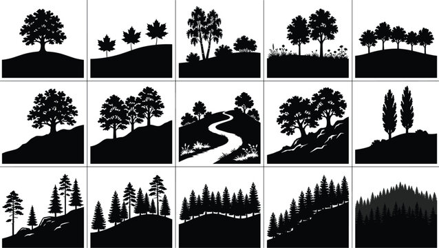 Landscape and Forest Silhouette Icon Set with Various Trees, Hills, and Mountain Ridges for Environmental Graphics, Nature Branding, Map Design, and Outdoor Scene Illustrations