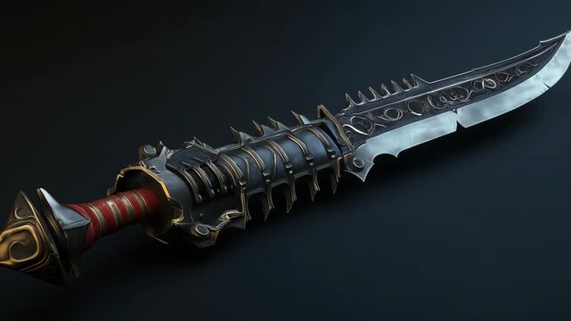 A close examination of a fantasy sword showcasing its elaborate design and craftsmanship from a creative perspective