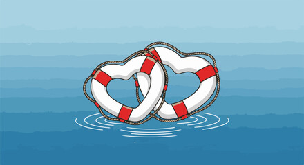 Naklejka premium Two heart-shaped life preservers intertwined in calm blue water