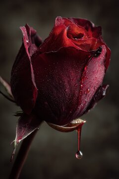 Romantic macabre rose: high-contrast image of a rose with crimson liquid on velvet petals