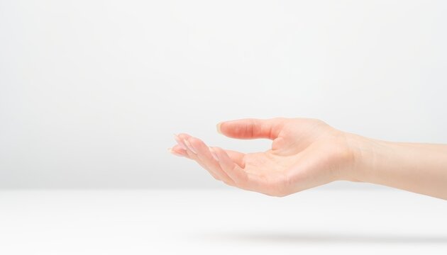 Woman's hand held up on a plain white background