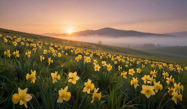 Daffodil meadow stretching toward sunrise over misty hills