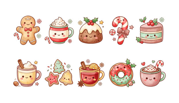 Kawaii Watercolor Christmas Food Clipart Set &ndash; Gingerbread Man Hot Chocolate Christmas Pudding Candy Cane Cake Slice Eggnog Cookie Set Mulled Wine Donut Peppermint Cocoa Illustration Bundle, Festive P