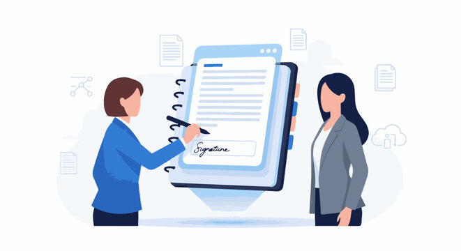 Two businesswomen collaborate on a digital document, one signing electronically