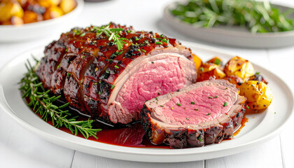 Fototapeta premium Prime rib roast, white serving platter, closeup. AI