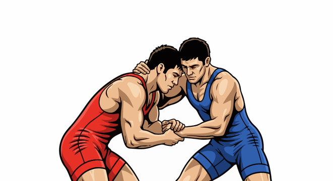 Two men in singlets grappling during a wrestling match