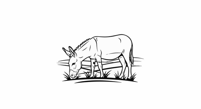 A black and white illustration of a donkey grazing in a field