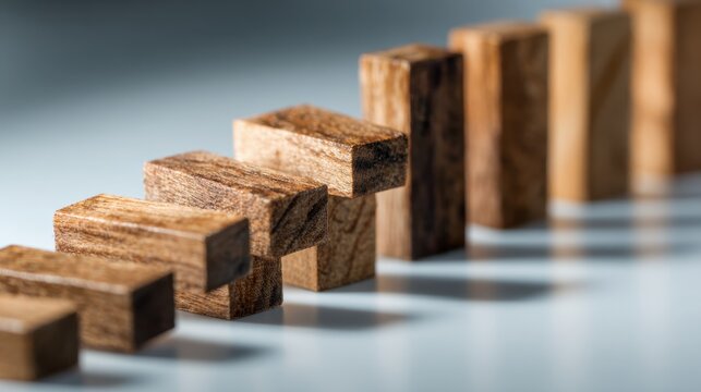 Domino Effect of Wooden Blocks: Close-up of wooden blocks arranged in a line, creating a sense of anticipation and the potential for a chain reaction.