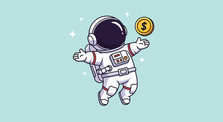 Cute cartoon astronaut floating in space with a golden dollar coin. © NFS Studio
