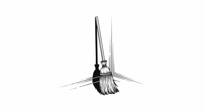 An antique straw broom leans in a corner, casting a dark shadow