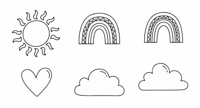 Simple outline drawings of sun, clouds, heart, and rainbows