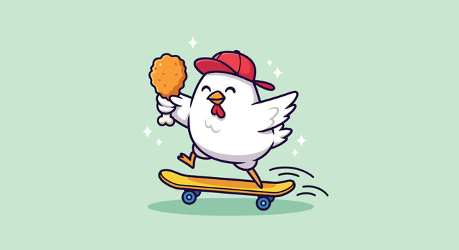 Cute cartoon chicken riding a skateboard and holding a fried chicken drumstick illustration.