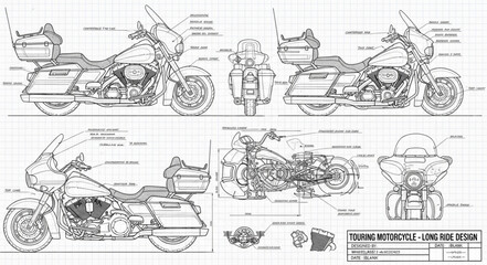 Obraz premium Detailed Motorcycle Blueprint Technical Drawing.
