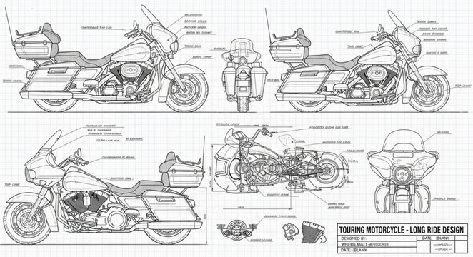 Detailed Motorcycle Blueprint Technical Drawing.