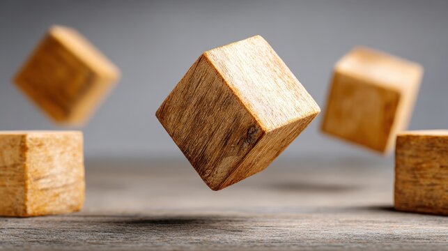 Floating Wooden Cubes: Several wooden cubes levitate mid-air against a soft, textured backdrop, conveying a sense of balance, construction, and creative concepts.