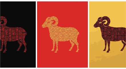 Fototapeta premium Stylized ram graphic illustration with intricate pattern detail on black red and gold backgrounds