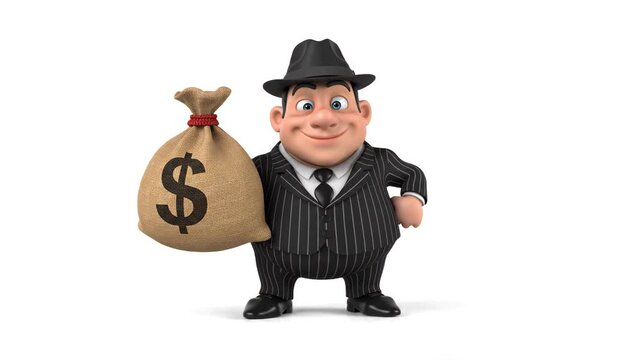 A wealthy 3D cartoon businessman or mafia boss character wearing a black pinstripe suit and fedora hat dances happily while holding a large canvas bag full of cash with a dollar sign. An excellent hig