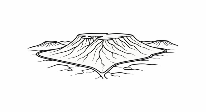 Stylized line drawing of a flat-topped mesa with surrounding hills and a winding path