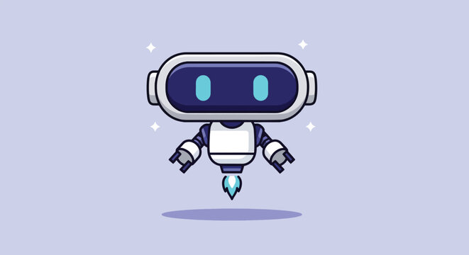 Cute flying robot character with blue glowing eyes and jet thruster vector illustration.