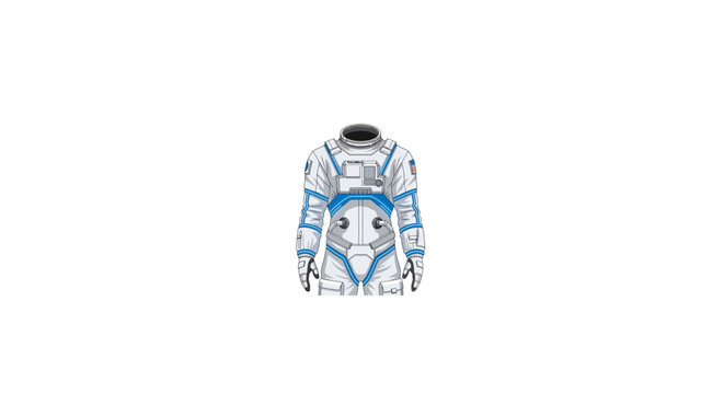 Futuristic white and blue astronaut space suit isolated on white background.