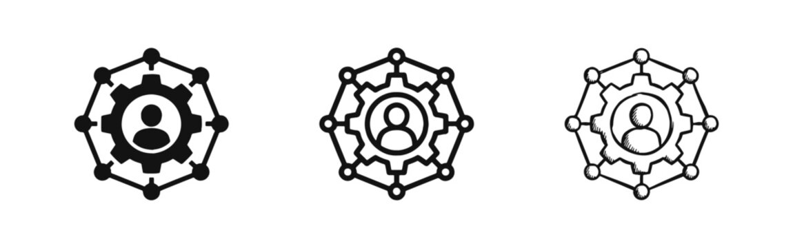 Employee Network and User Management Icons Set with Gear and Nodes
