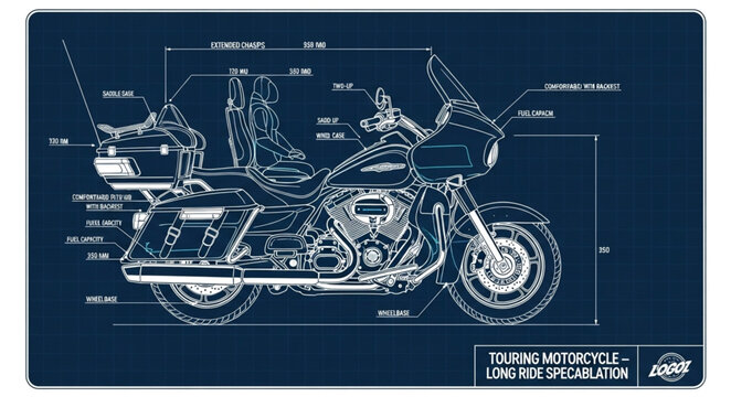 Detailed blueprint schematic of a touring motorcycle.