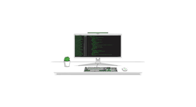 Minimalist workspace with computer monitor displaying code and small plant on white desk.