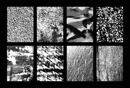 Abstract Halftone Grunge Texture Collection. Overlay texture stamps, distressed halftone backgrounds with scratches, paper grain, stone patterns, cracks, concrete. Vector overlay textures set