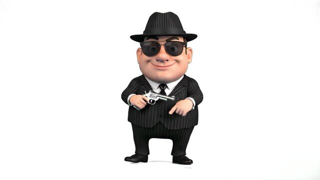 A stylized 3D character of a mobster in a black suit, hat, and sunglasses holding a revolver while dancing. This humorous character is great for game trailers, cinematic parodies, or crime-themed come