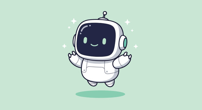Cute white robot character floating on light green background.
