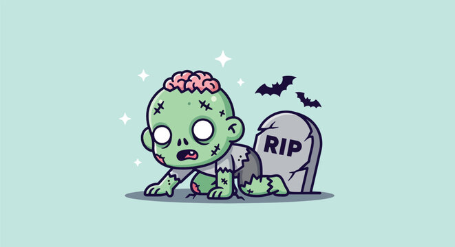 Cute Zombie Baby Crawling Out of Grave with Bats.