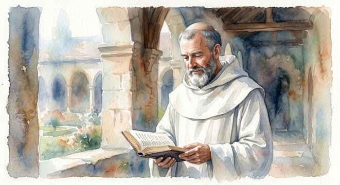 Monk Reading Ancient Book in Medieval Monastery Library, Serene and Focused, Historical Religious Scene, Illuminated Script, Education, Faith, and Reflection