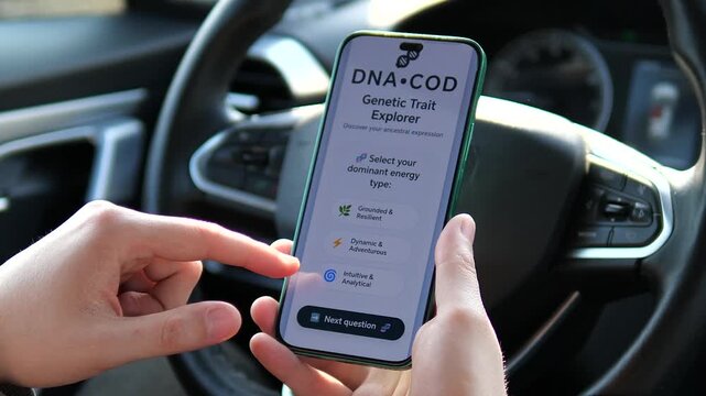 Explore your roots. Close-up of a DNA Genetic Trait Explorer app on a smartphone. Features choices for ancestral traits and energy types. Perfect for biotech, wellness apps, and self-discovery content
