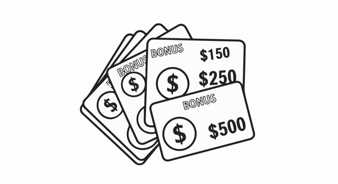 Stack of bonus vouchers with dollar signs and monetary values
