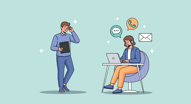 People Working and Communicating Remotely with Digital Devices and Technology Icons Illustration.