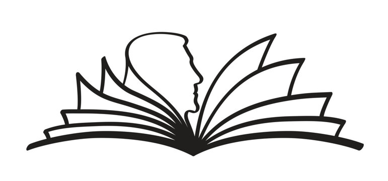 Cartoon open boCartoon open book with face and pages. Human, ducation concept. Line drawing. Opened books silhouette, sign. Book store logo. Flying pages. libok with face and pages. Education concept.