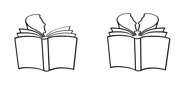 Cartoon open boCartoon open book with face and pages. Human, ducation concept. Line drawing. Opened books silhouette, sign. Book store logo. Flying pages. libok with face and pages. Education concept.
