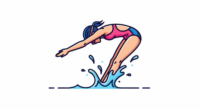 Stylized woman in a swimsuit dives into water, splashing dynamically
