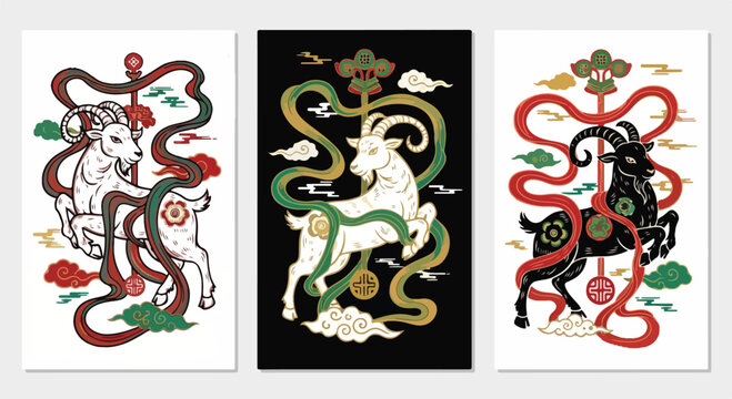Elegant vector illustration featuring a stylized goat zodiac sign design with traditional decorative asian elements included