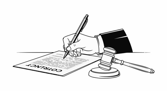 Hand signing a contract with a gavel nearby