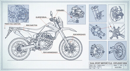 Detailed technical drawing of a motorcycle with component diagrams. © Sitolu Ma