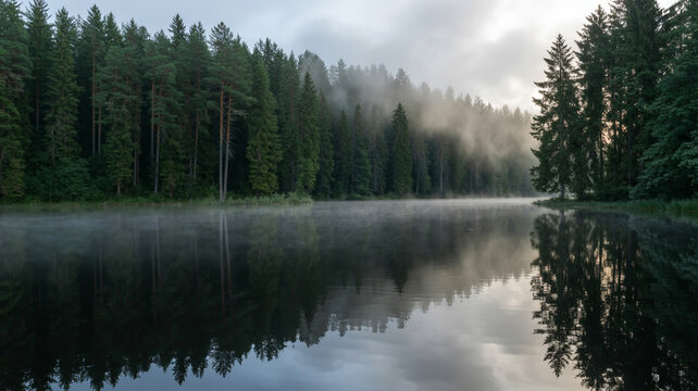 Ethereal morning scene with thick fog rolling over calm forest lake surface surrounded by dense evergreen pine trees at dawn creating mystical and serene atmosphere for peaceful nature photography.