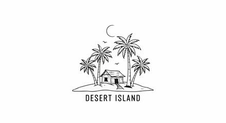 Obraz premium Sketch of a small hut on an island with palm trees and moon