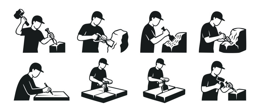 Stone Mason Sculpting Icons Set, Craftsman Working With Chisel and Hammer, Professional Granite Carving Process, Manual Labor Construction Skills, Minimalist Vector Illustration Isolated on White Back