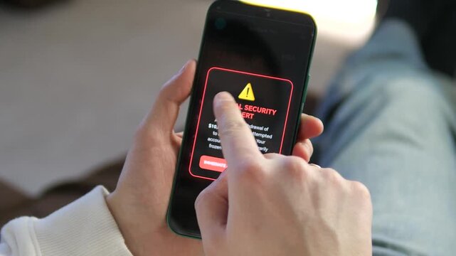 Shocking mobile phishing scam sequence: user clicks a fake tax refund link, leading to a fraudulent bank portal and a 10,000 dollars security alert. Perfect for cybersecurity training, fraud