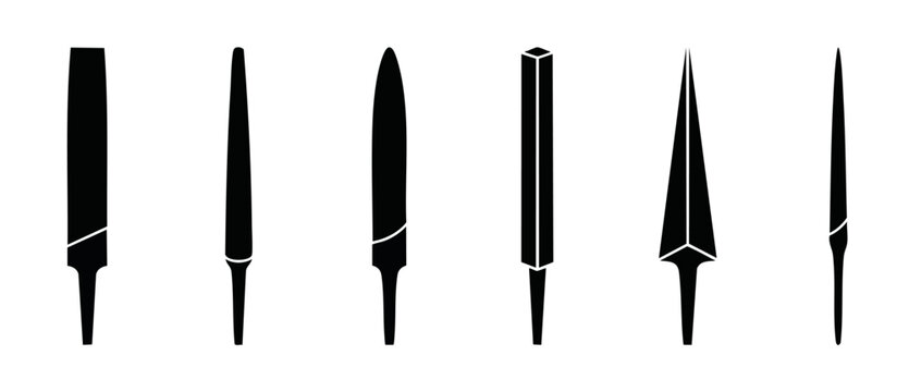 Metal Files Set Collection - Industrial Hand Tools Icon Shapes for Craftsmanship, Woodworking, and Metalwork Projects, Isolated Black Silhouettes on White Background for Professional Workshop Design